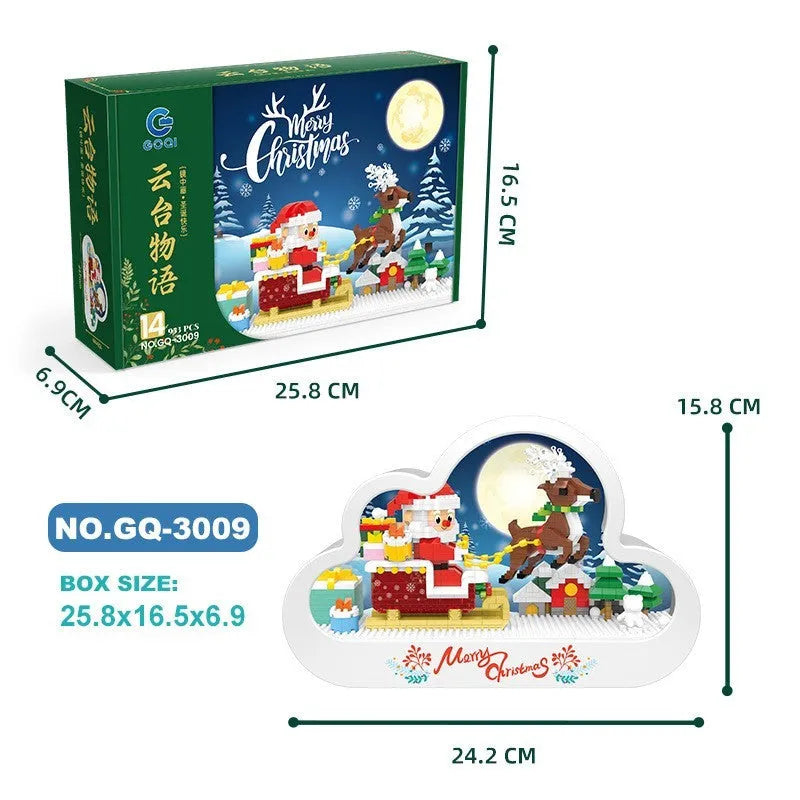 Assembled building block cloud night lamp with LED lights and decorative mirror frame showing fairy tale Christmas tree design