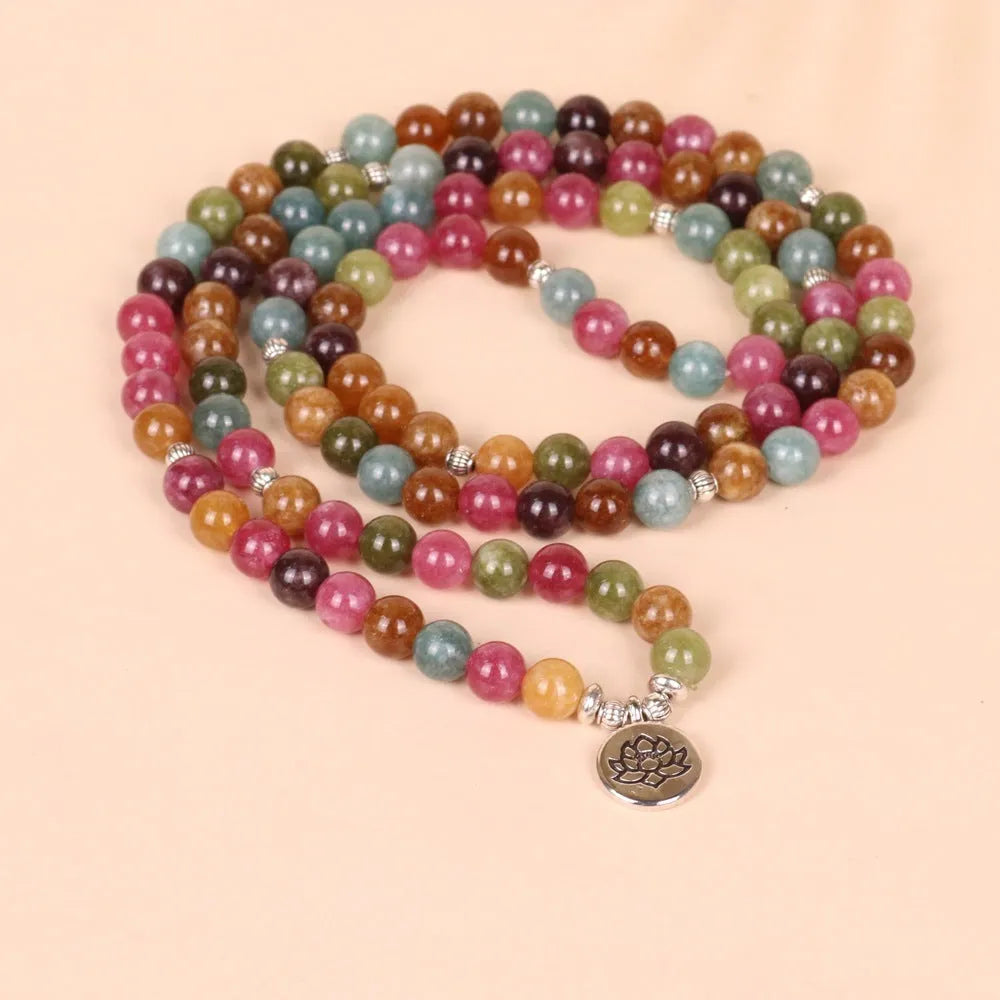 108 bead alloy bracelet in tourmaline colour with multi-layer lotus string design