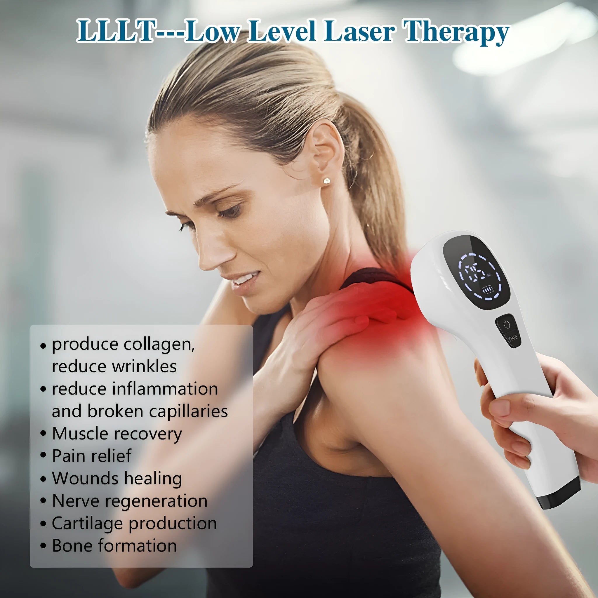 Hand-held red light therapy device with infrared LED array in black and white colour, USB rechargeable, with carrying case and accessories