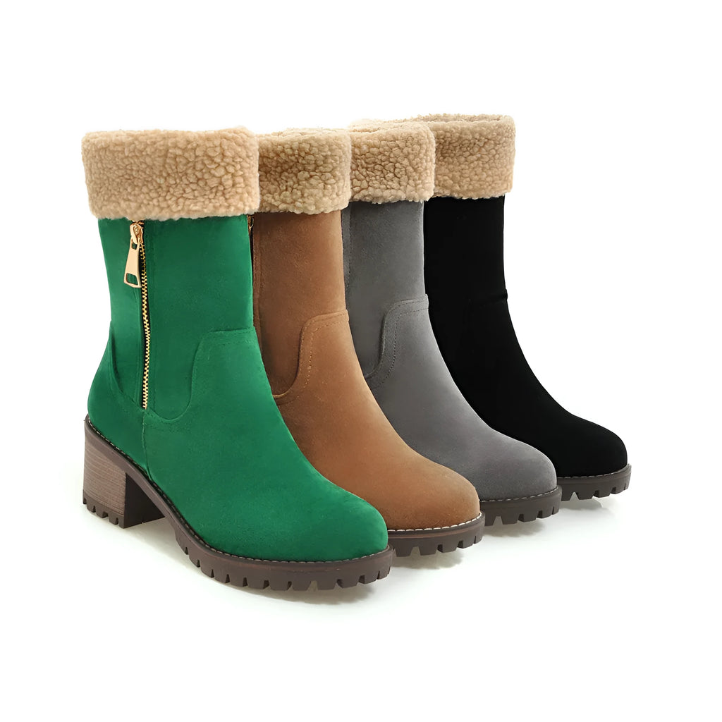 Snow boots with rubber sole and plush lining in black, grey, green, or orange colours