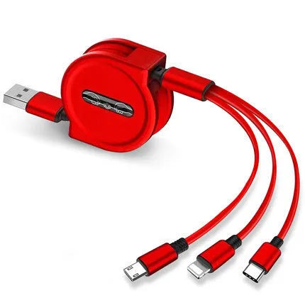3-in-1 telescopic charging cable extended to show connectors with 120cm TPE cable and titanium alloy plugs.