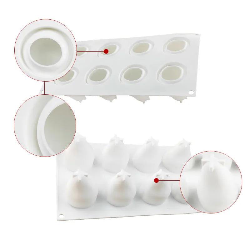 Six-cavity fruit silicone baking mould with pineapple and pine cone designs for Italian-style mousse desserts