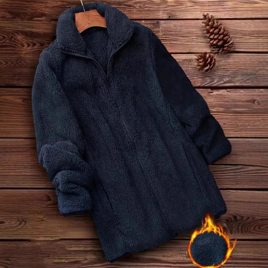 Double-sided velvet fleece coat in black, navy blue, or khaki with Asian sizing options