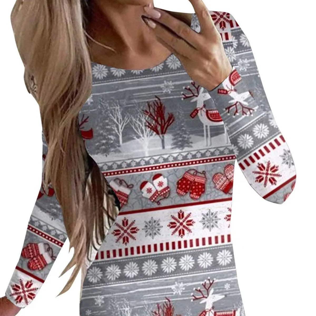 Christmas printed dress with animal pattern design showing narrow fit and hip skirt styling