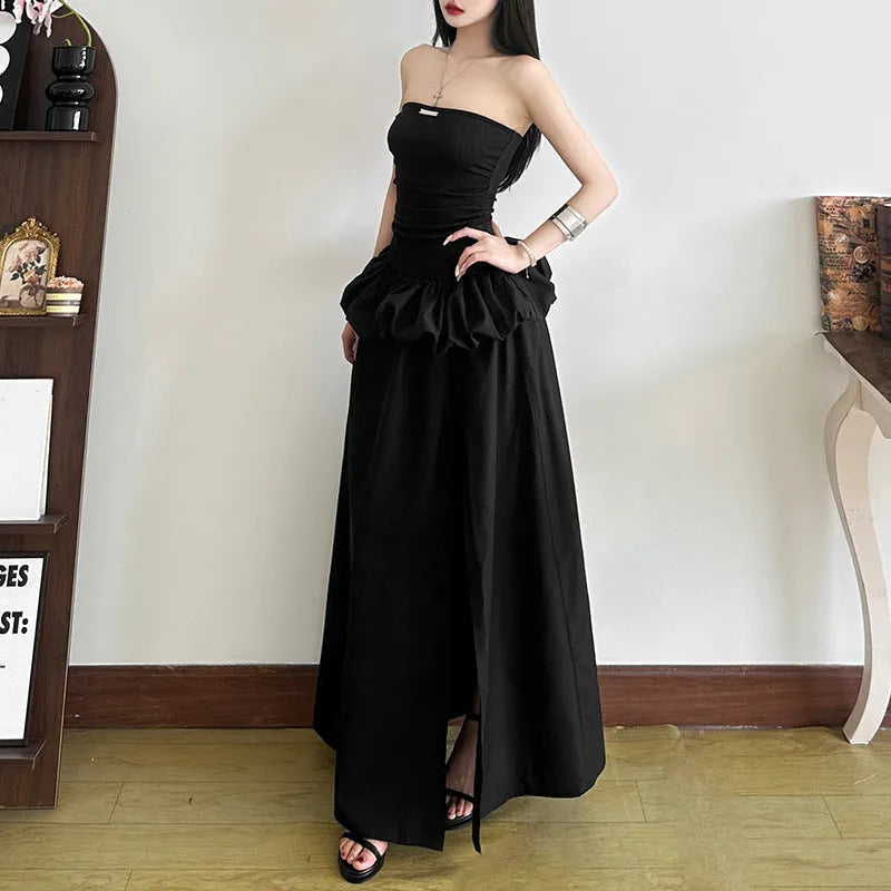 Women's solid colour high waist off-neck split A-line long dress in black, backless detail, street style