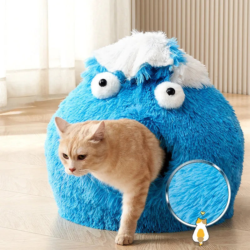 Blue closed cat bed nest made of soft plush fabric, 40x40x35cm, with small entrance for indoor cats