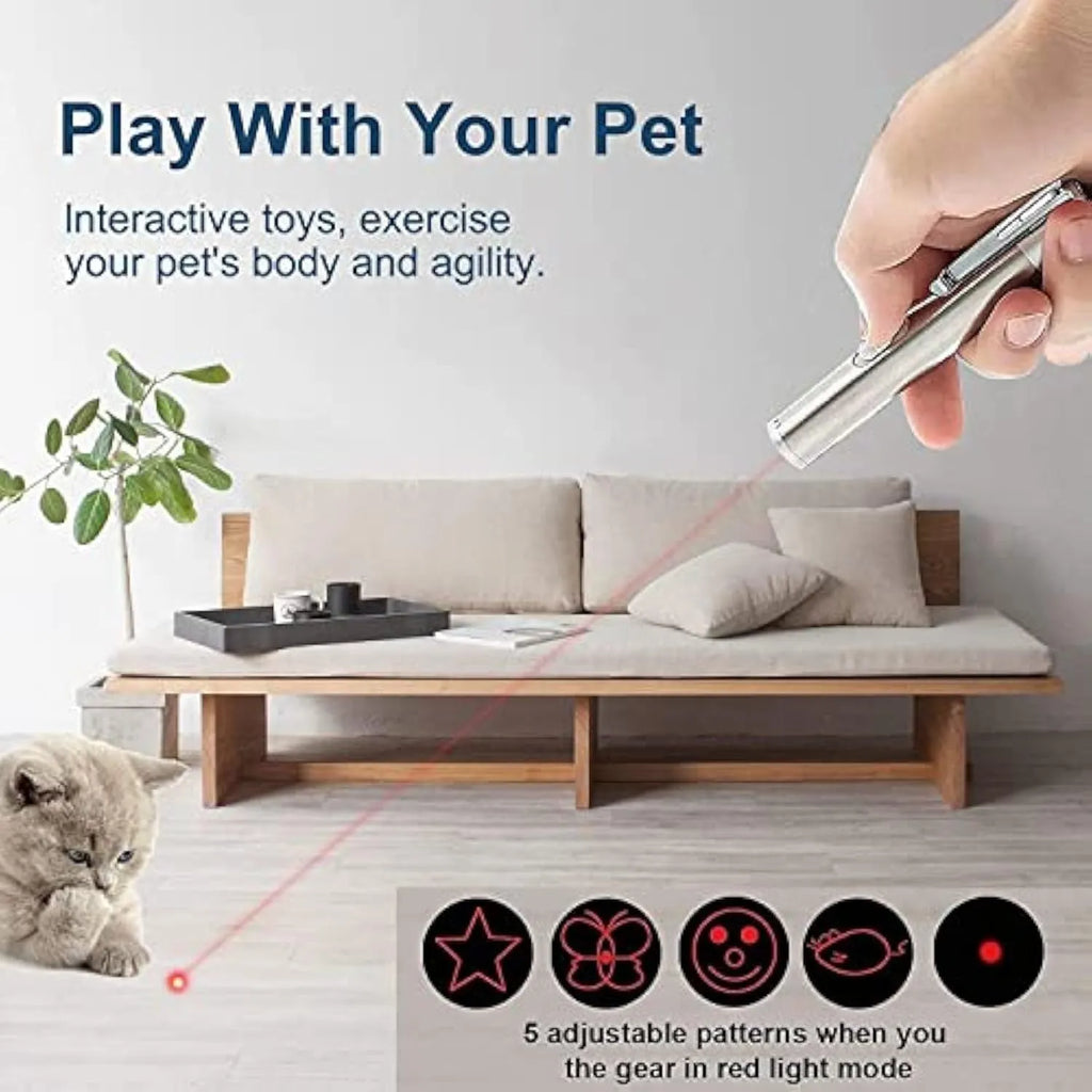 Silver aluminium cat laser pointer toy with metal clip showing multiple light pattern options