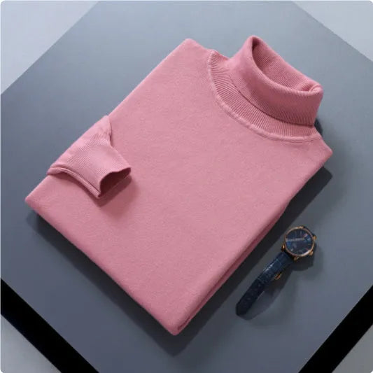 High lapel solid colour casual pullover sweater in beige with long sleeves and loose fit.