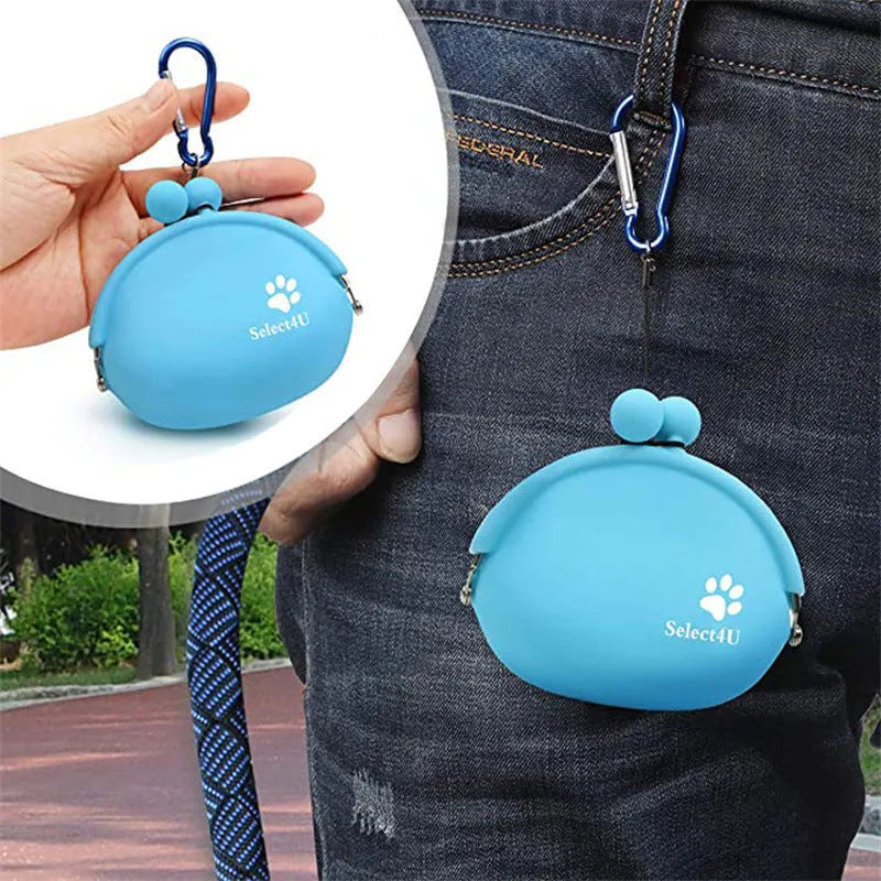Silicone dog training treat pouch with hook-and-loop strap in blue, green, orange, pink, or yellow