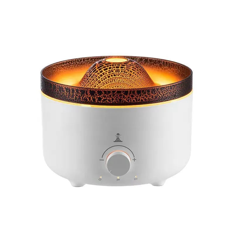 White columnar volcano humidifier with simulated flame lighting effect and remote control