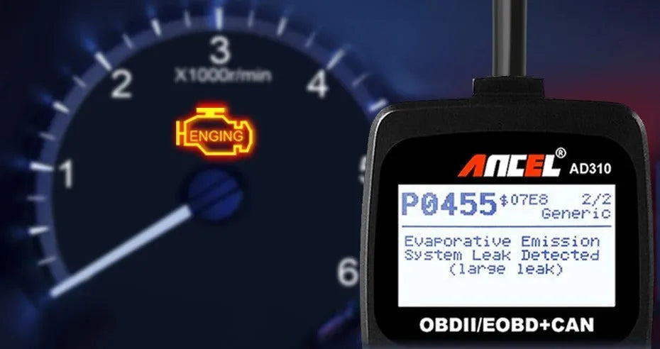 Black universal OBD2 car diagnostic code reader and instruction manual for engine fault detection.