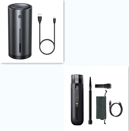 Wireless handheld car vacuum cleaner with blowing hose and HEPA filter.