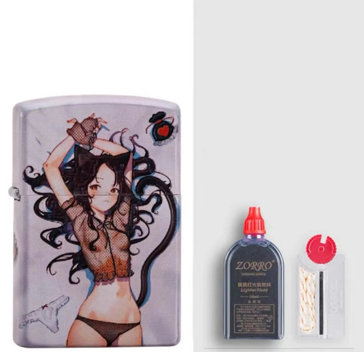 Windproof kerosene lighter with pure copper case and decorative design, showing grinding wheel and storm holes.