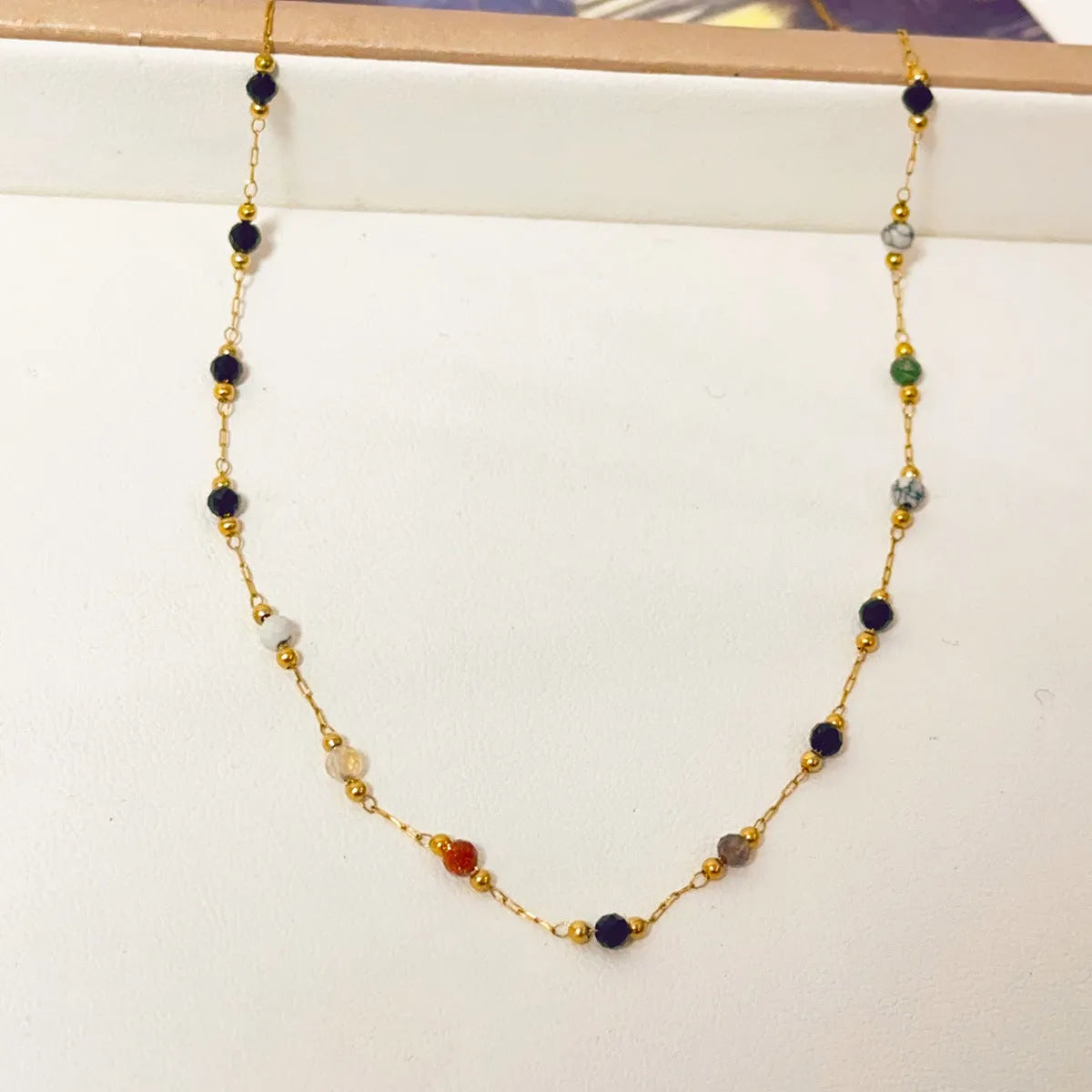 Gold-colour titanium steel women's necklace with natural stone pendant on O-ring chain