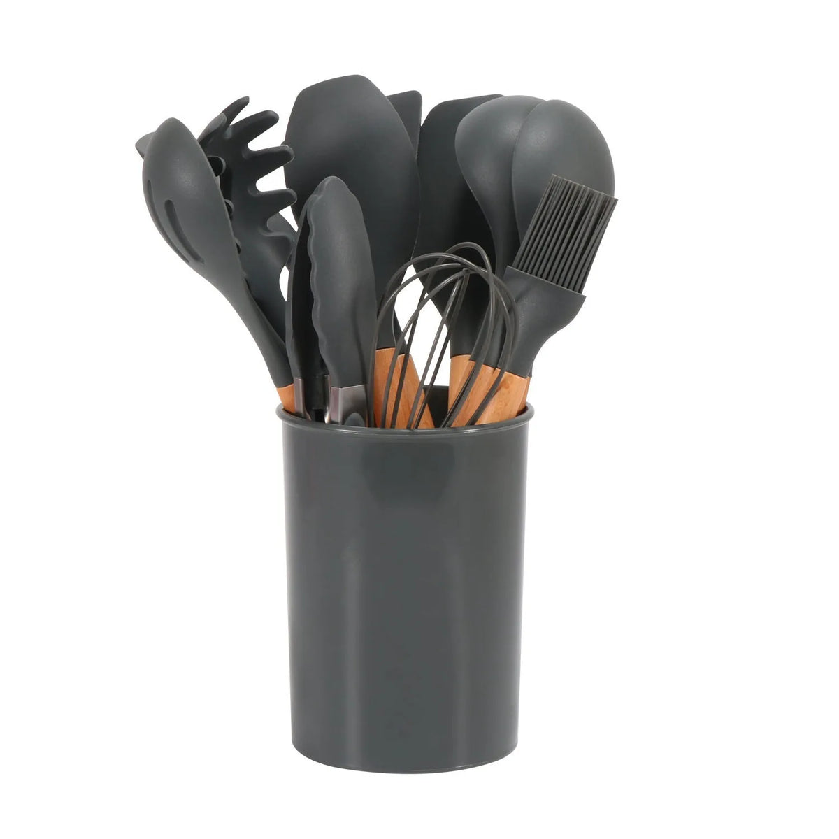 12-piece silicone kitchenware set with wooden handles in modern simplicity style, assorted colour box packaging