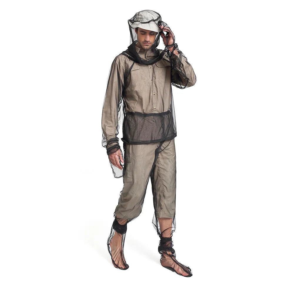 Four-piece mesh anti mosquito suit set with hooded top, trousers and booties for outdoor activities
