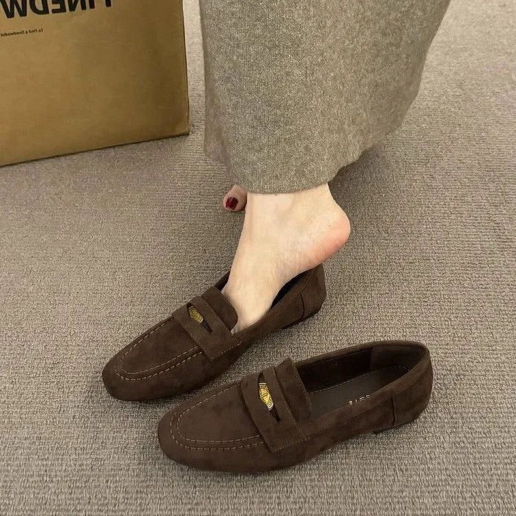 Suede leather shoes with thick bottom flat heel round toe oversleeves design black colour