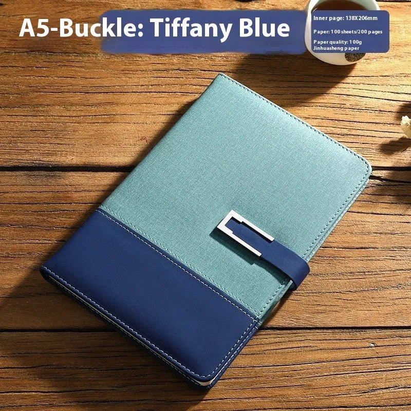 A5 soft PU leather notebook in brown, black, green, blue, or red, showing wood-free paper inside.