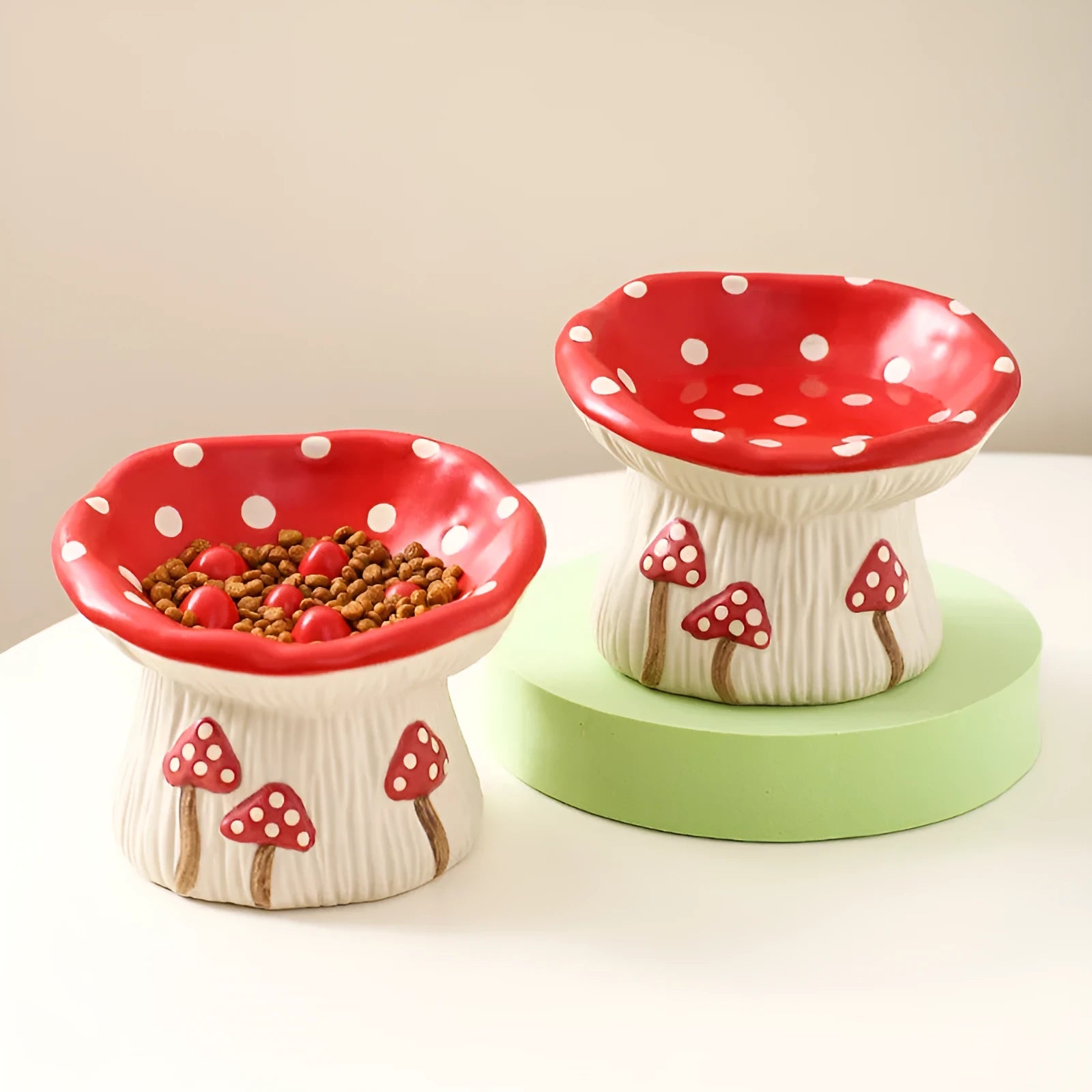 Creative mushroom modelling tall pet bowl for cat and dog food and water feeding