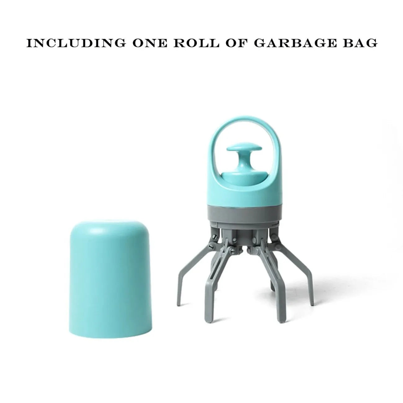 Blue plastic dog pooper scooper with claw mechanism and roll of waste bags
