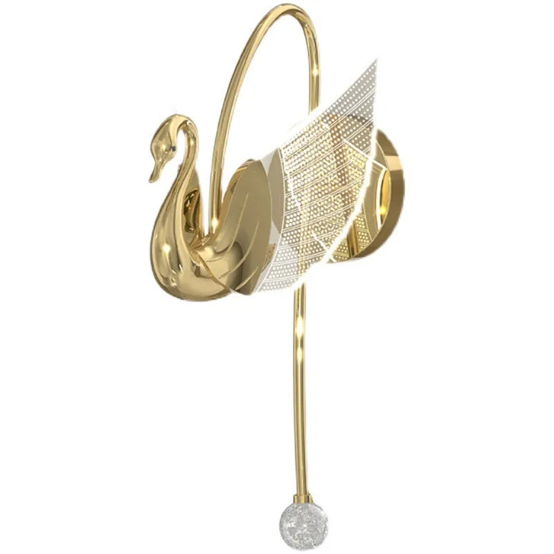 Modern minimalist gold swan wall lamp with acrylic shade showing tricolour LED light options for bedroom bedside use