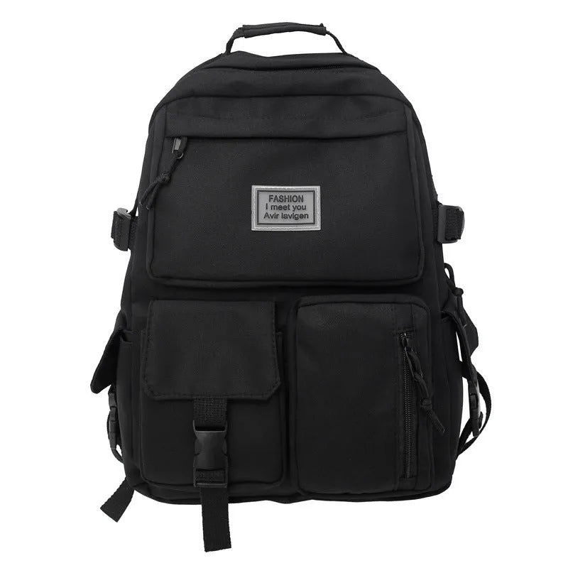 Soft nylon student backpack in black colour with computer compartment and three-dimensional pockets