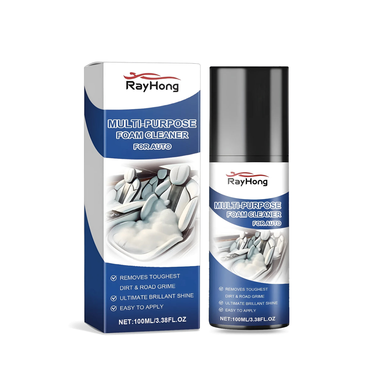 Multi-purpose foam cleaner for auto 100ml white bottle with spray nozzle, dimensions 4.2x4.2x15.1cm