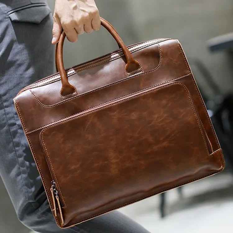 Men's genuine cowhide leather handbag coffee brown colour 38cm width 31cm height zipper closure