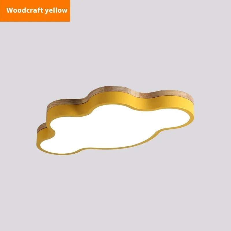 Cloud shaped wooden finish LED ceiling lamp in pink, blue, green or yellow with dimmable lighting