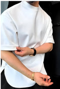 White men's T-shirt with a round hem and single button detail on a hanger