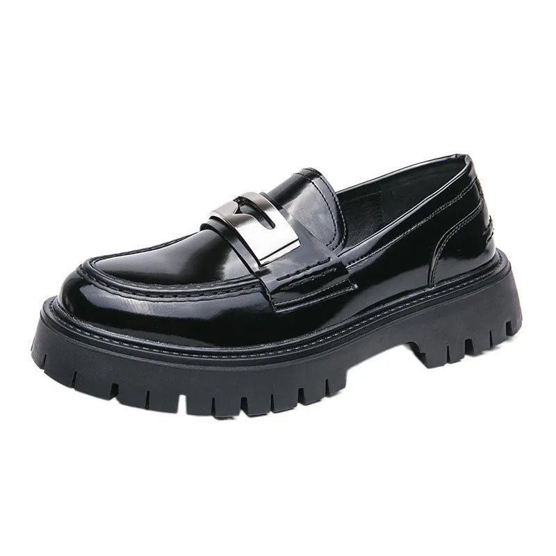 Men's glossy black platform loafers with a low hidden heel for summer wear.