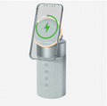 Gray or beige magnetic wireless charger with earphone and cellphone audio function, button or touch control, small portable design