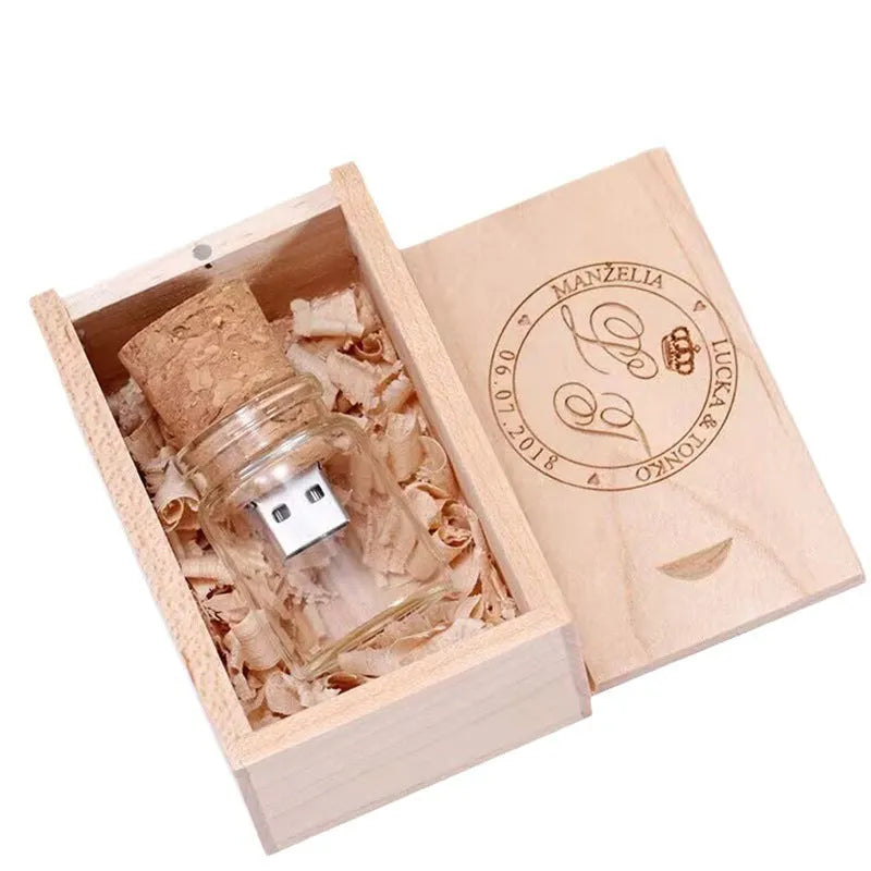 Wooden wish drift bottle USB flash drive with transparent casing showing decorative elements inside