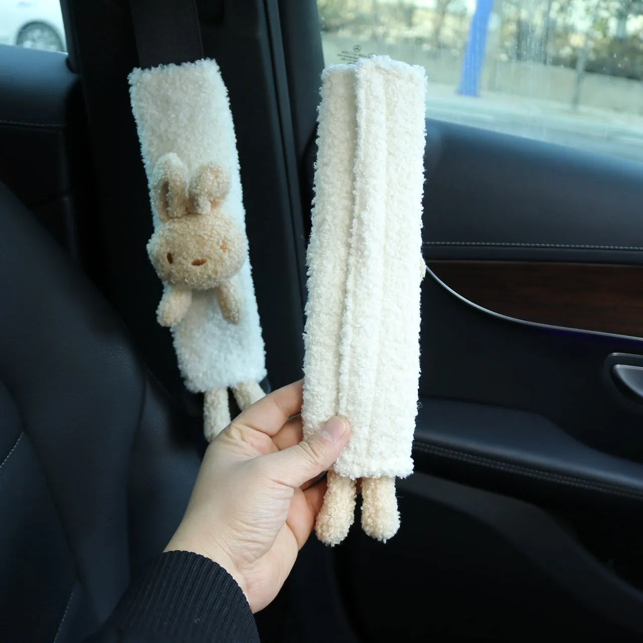Cartoon plush car seat belt shoulder protector in lamb wool with rabbit and bear designs