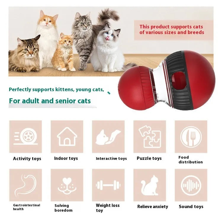 Colourful rotating cat toy with sound feature and food-dropping ball for pet play.
