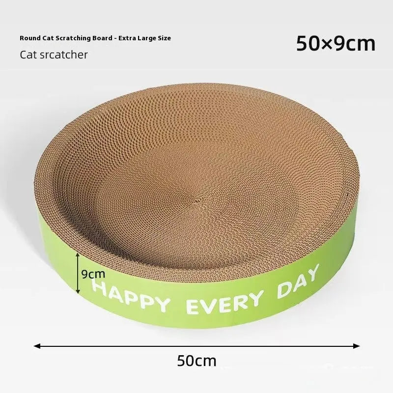 A simple green round woven cat scratching board nest bed on a floor.