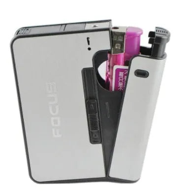 Two aluminium alloy automatic cigarette cases with brushed metal finish, one-button discharge, and removable lighter core on a dark background