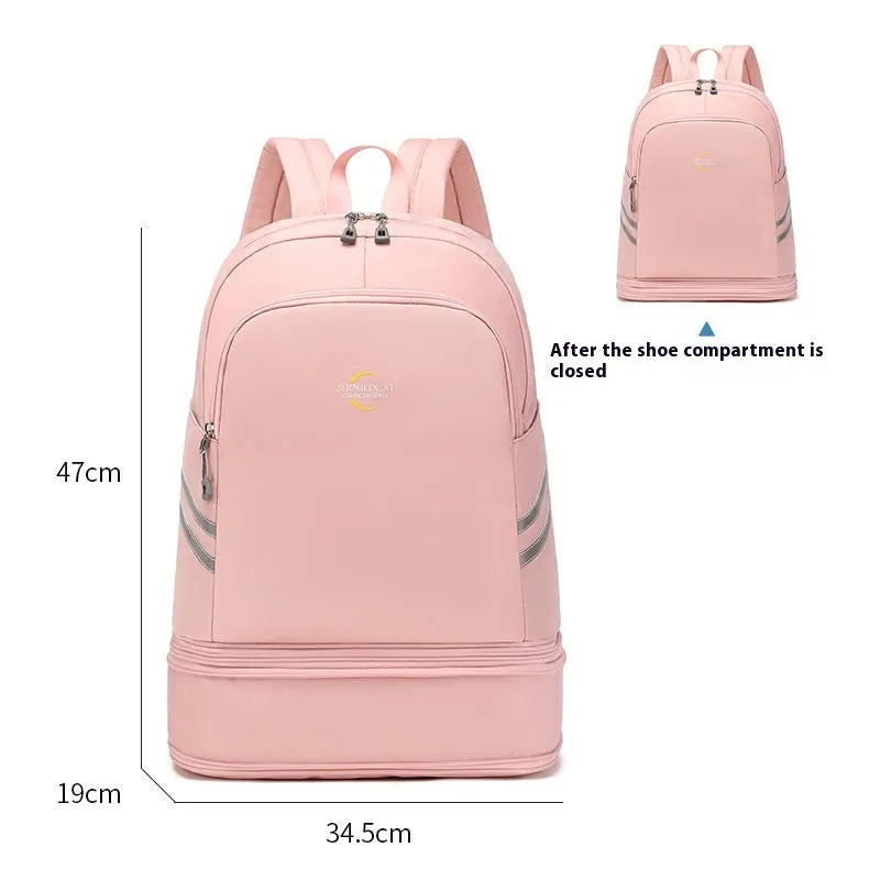 Large women's backpack in beige with dry-wet separation compartments and curved shoulder straps