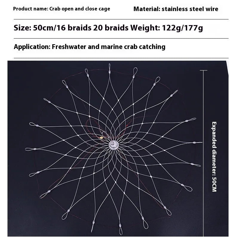 Stainless steel wire automatic opening closing crab net 52cm diameter 20 steel wires for blue crab catching