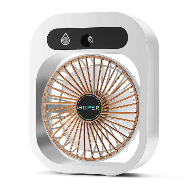 Green and white portable USB misting fan with water tank and adjustable air vent on a desk.