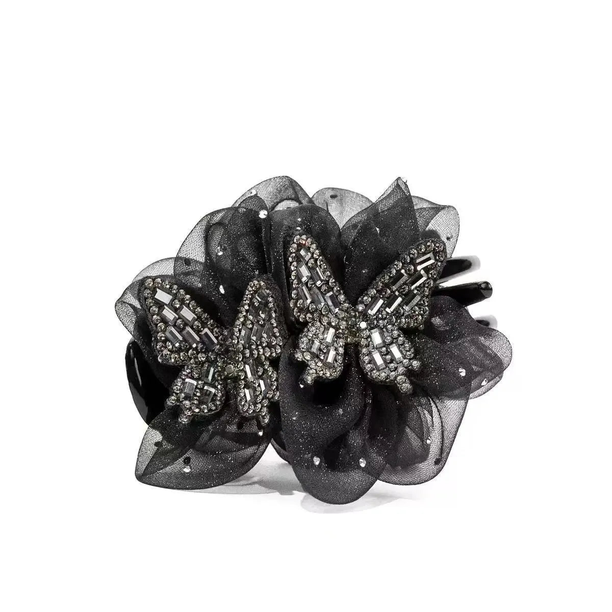 Double butterfly black veil bun grip barrette for women, single black hair accessory with butterfly detail