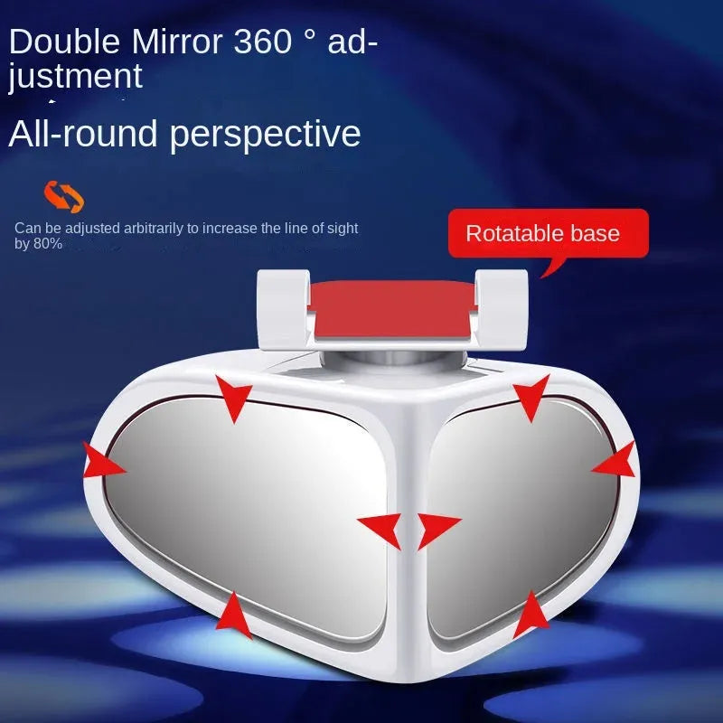A pair of small, round, adjustable wide-angle car auxiliary mirrors on a black ABS plastic shell.
