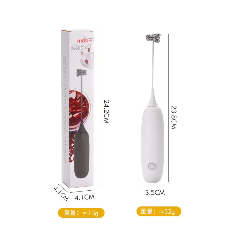 Black and white hand-held electric milk frother blender with modern design