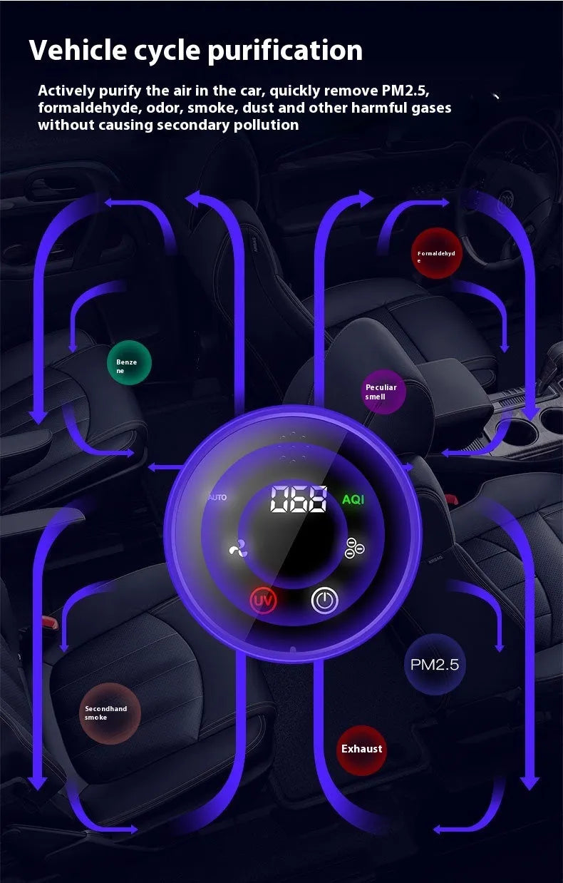 Black car air purifier with formaldehyde removal function and USB power cable