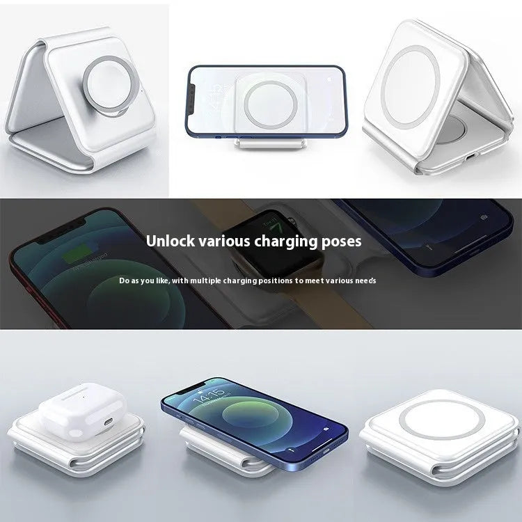 3 In 1 Magnetic Wireless Charging Folding Mobile Phone Holder in black, ABS silicone construction, foldable design