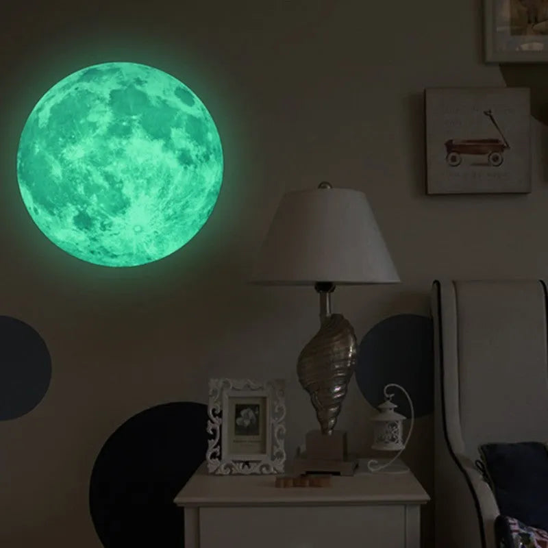 30cm green fluorescent moon wall sticker with super bright glitter finish on a bedroom wall