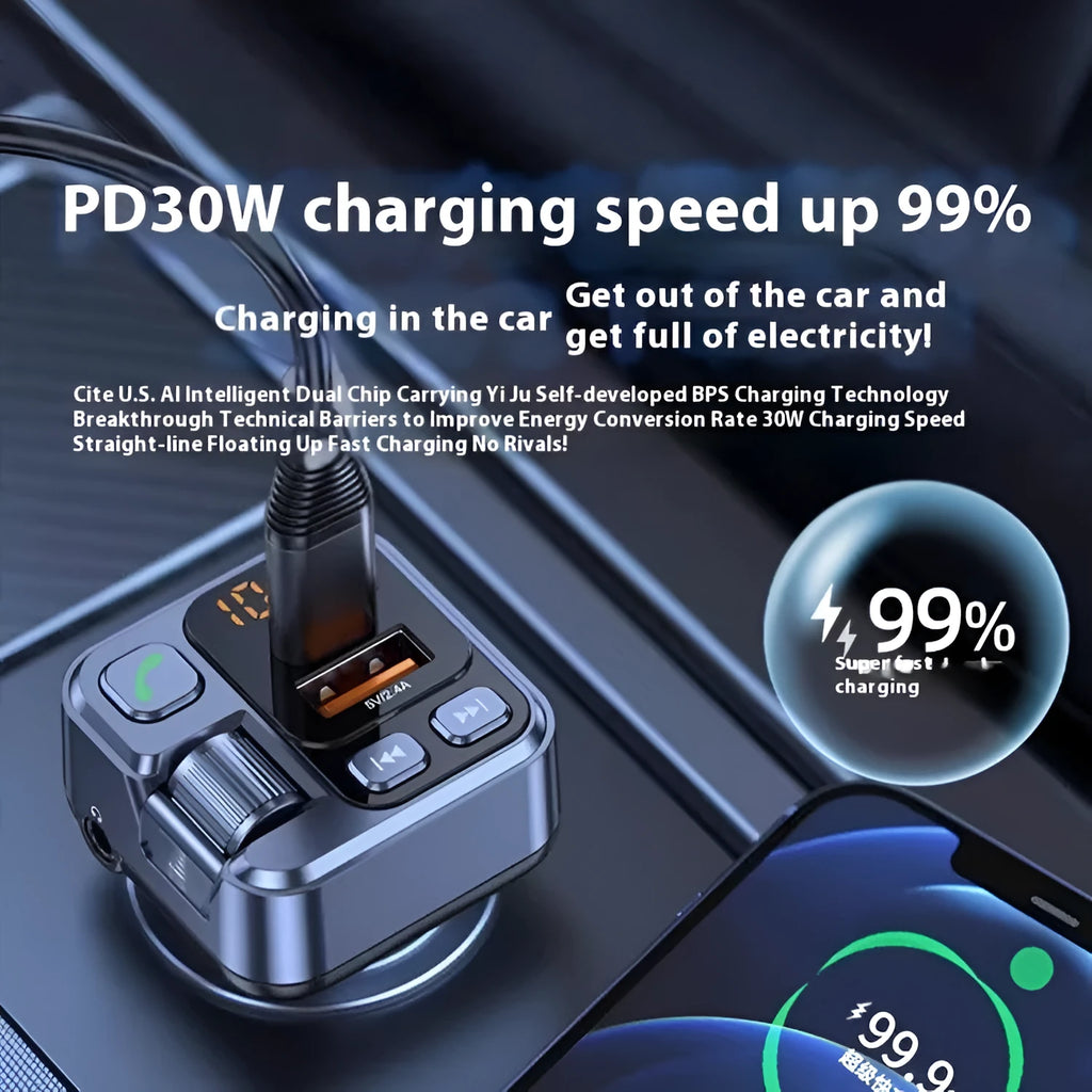 Car MP3 player and Bluetooth receiver with USB-C fast charging plugged into vehicle 12V socket