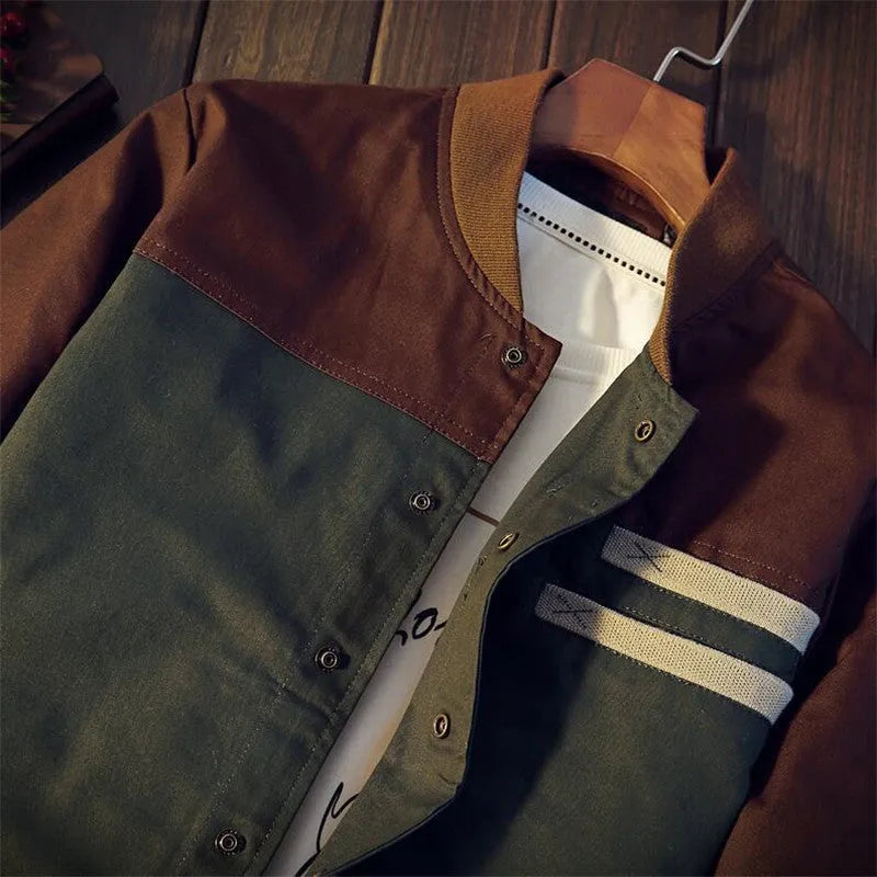 Men's Korean style single-breasted casual jacket in cotton with colour-blocked blue and green pattern, lightweight design for daily wear