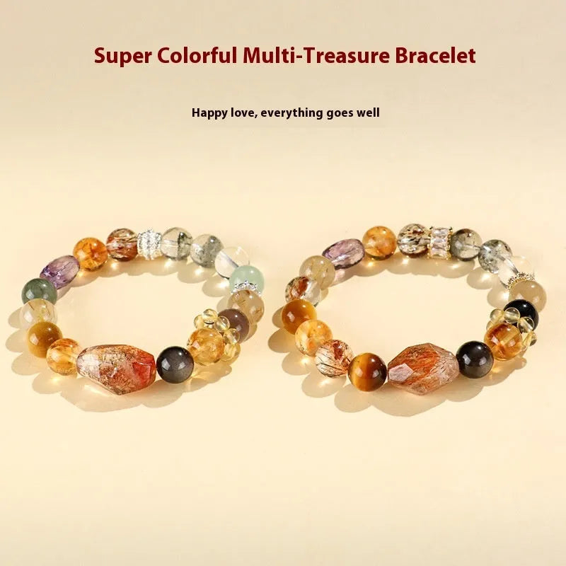 Women's natural crystal bracelet with black gold beads and adjustable slip knot closure.