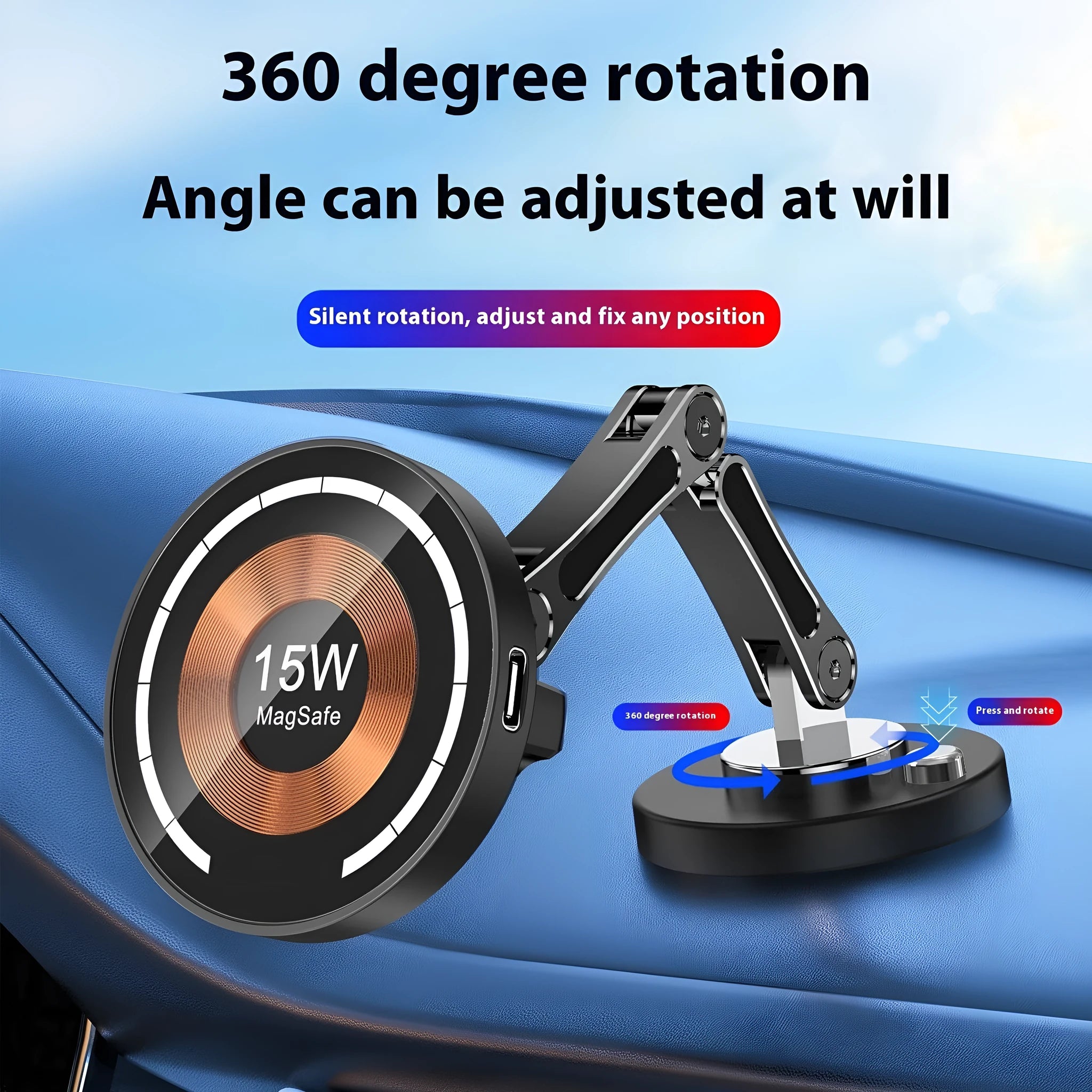 Gun colour folding magnetic car phone holder with 15W wireless charging and zinc alloy bracket